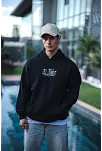 Erkek 3 İplik Pamuklu Kapüşonlu Baskılı Cepli Oversize Sweatshirt Hoodie - Siyah