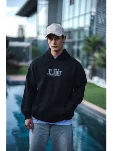 Erkek 3 İplik Pamuklu Kapüşonlu Baskılı Cepli Oversize Sweatshirt Hoodie - Siyah