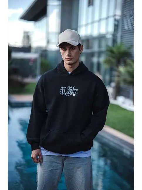 Erkek 3 İplik Pamuklu Kapüşonlu Baskılı Cepli Oversize Sweatshirt Hoodie - Siyah