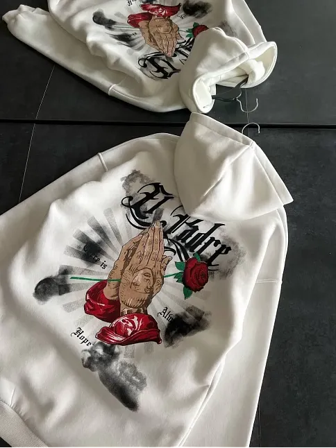 Kadın Oversize Kapüşonlu Cepli Baskılı 3 İplik Pamuklu Hoodie Sweatshirt - Beyaz