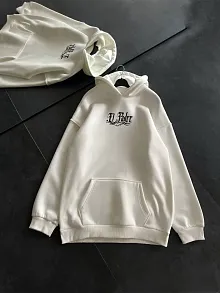 Kadın Oversize Kapüşonlu Cepli Baskılı 3 İplik Pamuklu Hoodie Sweatshirt - Beyaz