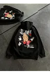 Kadın Oversize Kapüşonlu Cepli Baskılı 3 İplik Pamuklu Hoodie Sweatshirt - Siyah