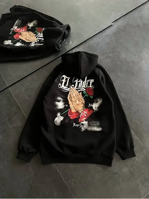 Kadın Oversize Kapüşonlu Cepli Baskılı 3 İplik Pamuklu Hoodie Sweatshirt - Siyah