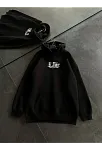 Kadın Oversize Kapüşonlu Cepli Baskılı 3 İplik Pamuklu Hoodie Sweatshirt - Siyah