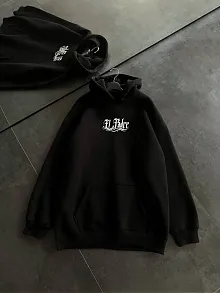 Kadın Oversize Kapüşonlu Cepli Baskılı 3 İplik Pamuklu Hoodie Sweatshirt - Siyah