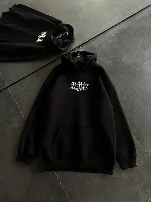 Kadın Oversize Kapüşonlu Cepli Baskılı 3 İplik Pamuklu Hoodie Sweatshirt - Siyah