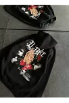 Kadın Oversize Kapüşonlu Cepli Baskılı 3 İplik Pamuklu Hoodie Sweatshirt - Siyah