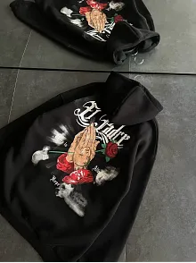 Kadın Oversize Kapüşonlu Cepli Baskılı 3 İplik Pamuklu Hoodie Sweatshirt - Siyah