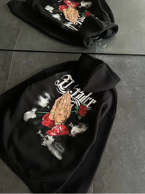 Kadın Oversize Kapüşonlu Cepli Baskılı 3 İplik Pamuklu Hoodie Sweatshirt - Siyah