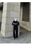 Kadın 3 İplik Pamuklu Yakalı Sweat Baggy Pantolonlu Alt-üst Takım - Siyah
