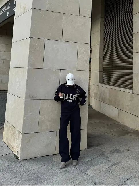 Kadın 3 İplik Pamuklu Yakalı Sweat Baggy Pantolonlu Alt-üst Takım - Siyah