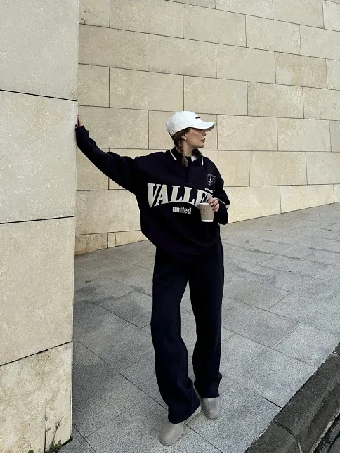 Kadın 3 İplik Pamuklu Yakalı Sweat Baggy Pantolonlu Alt-üst Takım - Siyah