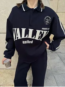 Kadın 3 İplik Pamuklu Yakalı Sweat Baggy Pantolonlu Alt-üst Takım - Siyah