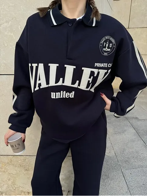 Kadın 3 İplik Pamuklu Yakalı Sweat Baggy Pantolonlu Alt-üst Takım - Siyah
