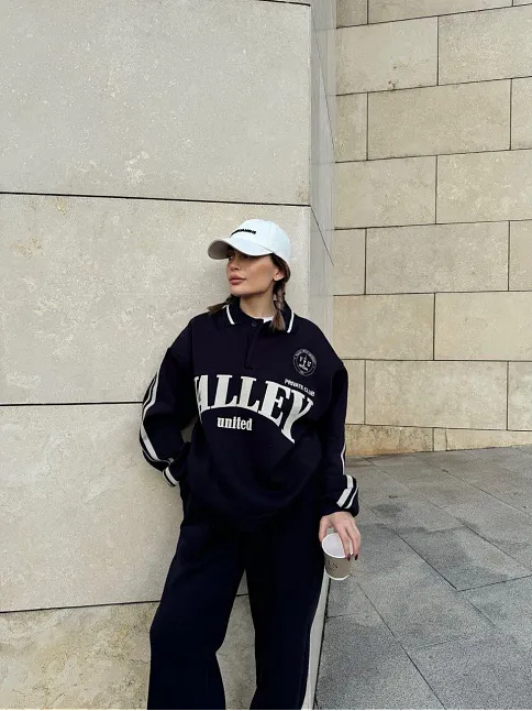 Kadın 3 İplik Pamuklu Yakalı Sweat Baggy Pantolonlu Alt-üst Takım - Siyah