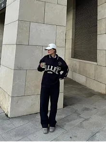 Kadın 3 İplik Pamuklu Yakalı Sweat Baggy Pantolonlu Alt-üst Takım - Siyah