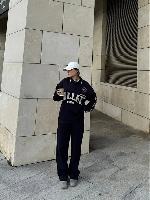 Kadın 3 İplik Pamuklu Yakalı Sweat Baggy Pantolonlu Alt-üst Takım - Siyah