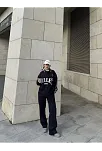 Kadın 3 İplik Pamuklu Yakalı Sweat Baggy Pantolonlu Alt-üst Takım - Siyah