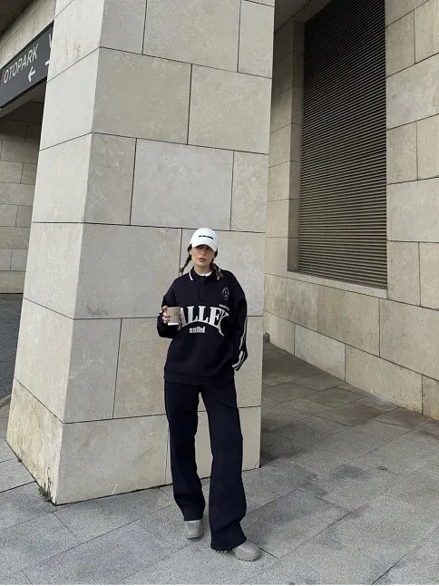 Kadın 3 İplik Pamuklu Yakalı Sweat Baggy Pantolonlu Alt-üst Takım - Siyah