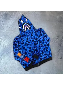 Unisex 2 İplik Bape Kapüşonu Fermuarlı Hırka - Mavi