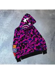 Unisex 2 İplik Bape Kapüşonu Fermuarlı Hırka - Mor