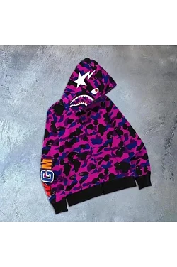 Erkek 2 İplik Bape Kapüşonu Fermuarlı Hırka - Mor