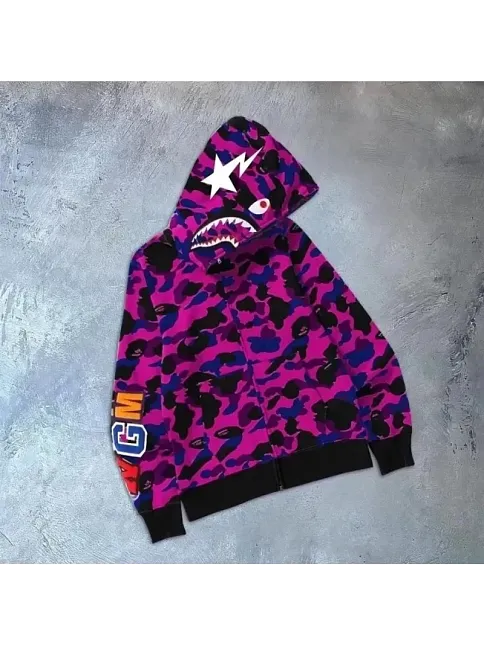 Unisex 2 İplik Bape Kapüşonu Fermuarlı Hırka - Mor