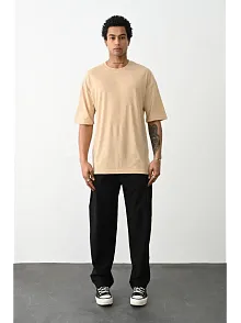 Erkek Tişört Düz Basic Penye Yazlık Bisiklet Yaka Kısa Kol T-shirt - Bej