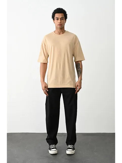 Erkek Tişört Düz Basic Penye Yazlık Bisiklet Yaka Kısa Kol T-shirt - Bej