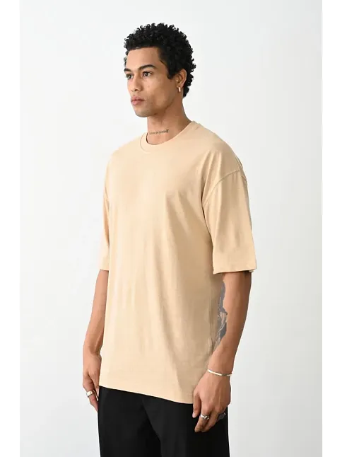 Erkek Tişört Düz Basic Penye Yazlık Bisiklet Yaka Kısa Kol T-shirt - Bej