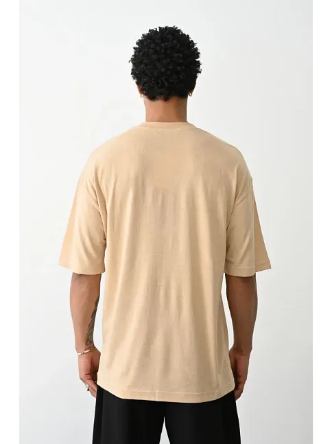 Erkek Tişört Düz Basic Penye Yazlık Bisiklet Yaka Kısa Kol T-shirt - Bej