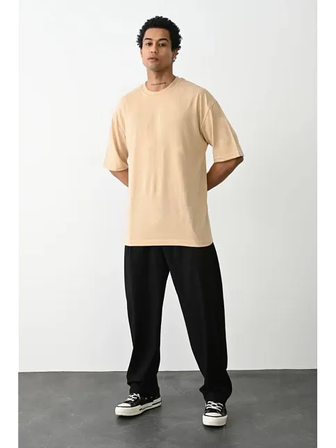 Erkek Tişört Düz Basic Penye Yazlık Bisiklet Yaka Kısa Kol T-shirt - Bej