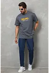 Erkek Kısa Kol Yazlık Tişört Bisiklet Yaka Baskılı Oversize T-shirt - Füme