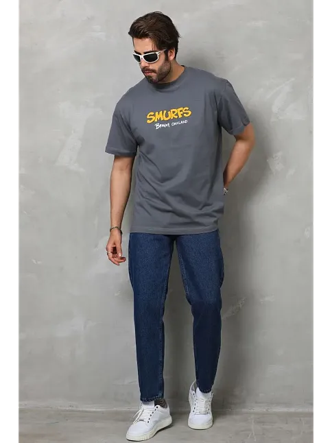 Erkek Kısa Kol Yazlık Tişört Bisiklet Yaka Baskılı Oversize T-shirt - Füme