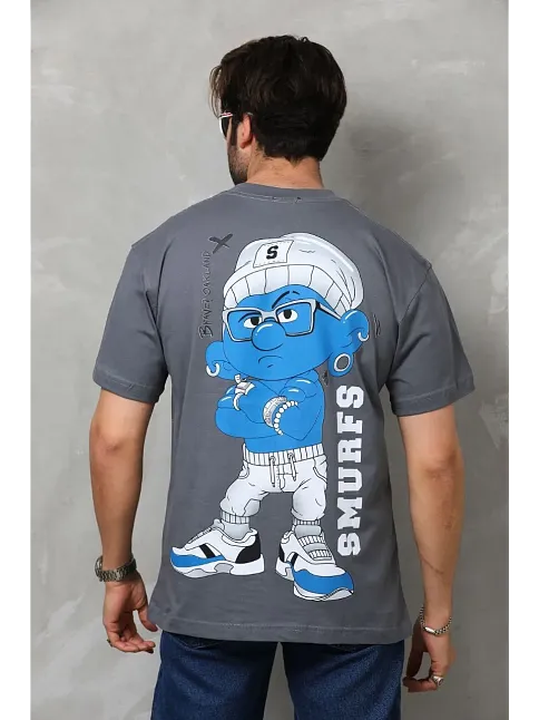Erkek Kısa Kol Yazlık Tişört Bisiklet Yaka Baskılı Oversize T-shirt - Füme