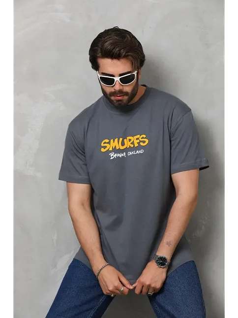 Erkek Kısa Kol Yazlık Tişört Bisiklet Yaka Baskılı Oversize T-shirt - Füme