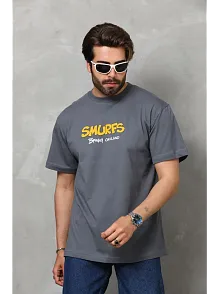 Erkek Kısa Kol Yazlık Tişört Bisiklet Yaka Baskılı Oversize T-shirt - Füme