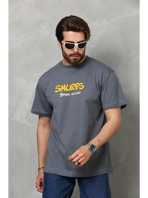 Erkek Kısa Kol Yazlık Tişört Bisiklet Yaka Baskılı Oversize T-shirt - Füme