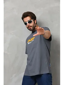 Erkek Kısa Kol Yazlık Tişört Bisiklet Yaka Baskılı Oversize T-shirt - Füme