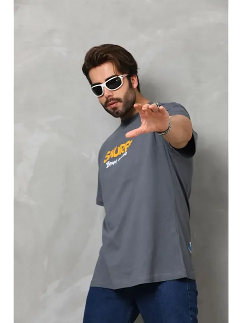 Erkek Kısa Kol Yazlık Tişört Bisiklet Yaka Baskılı Oversize T-shirt - Füme