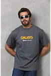 Erkek Kısa Kol Yazlık Tişört Bisiklet Yaka Baskılı Oversize T-shirt - Füme