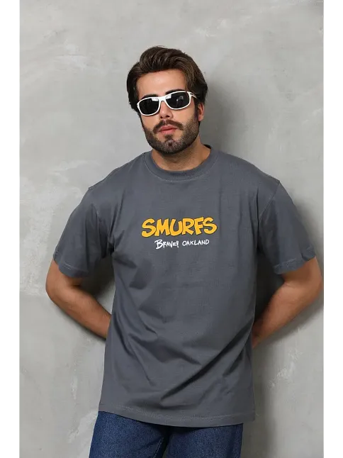 Erkek Kısa Kol Yazlık Tişört Bisiklet Yaka Baskılı Oversize T-shirt - Füme