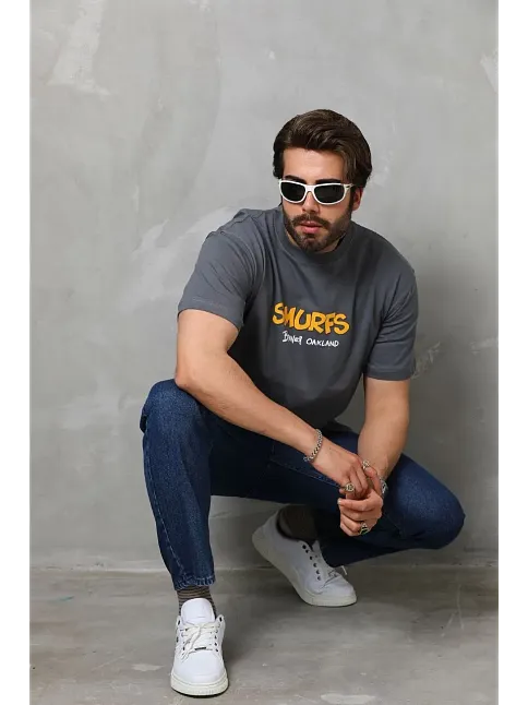 Erkek Kısa Kol Yazlık Tişört Bisiklet Yaka Baskılı Oversize T-shirt - Füme