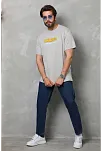 Erkek Kısa Kol Yazlık Tişört Bisiklet Yaka Baskılı Oversize T-shirt - Gri