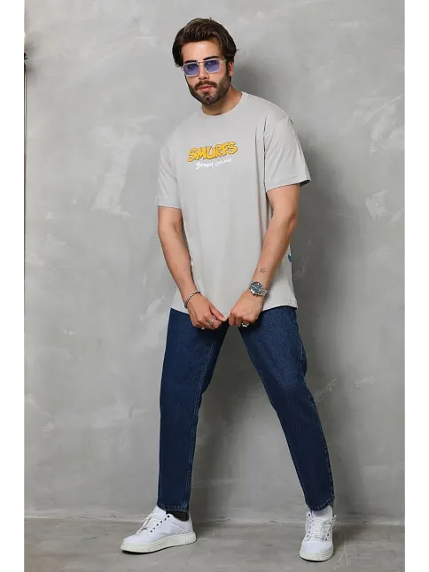 Erkek Kısa Kol Yazlık Tişört Bisiklet Yaka Baskılı Oversize T-shirt - Gri