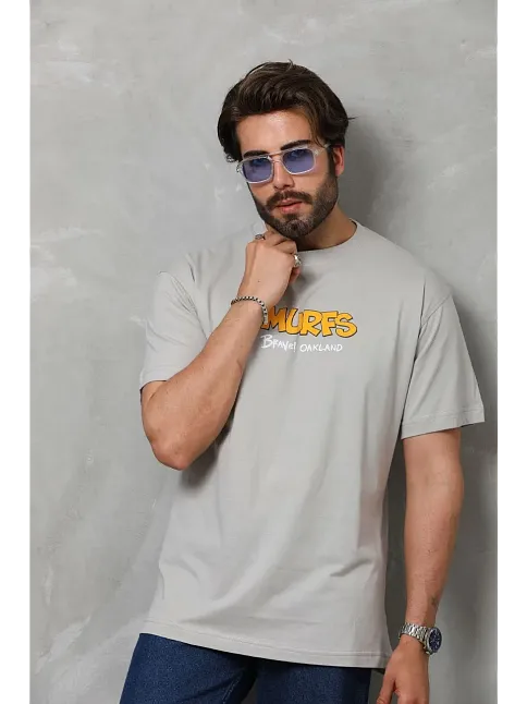 Erkek Kısa Kol Yazlık Tişört Bisiklet Yaka Baskılı Oversize T-shirt - Gri