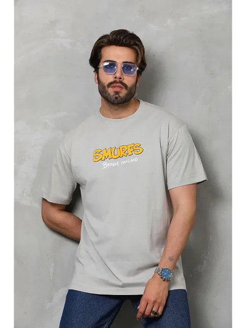 Erkek Kısa Kol Yazlık Tişört Bisiklet Yaka Baskılı Oversize T-shirt - Gri