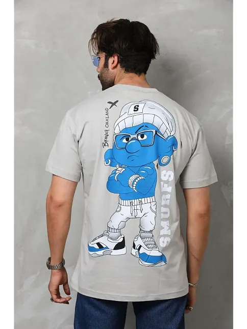 Erkek Kısa Kol Yazlık Tişört Bisiklet Yaka Baskılı Oversize T-shirt - Gri