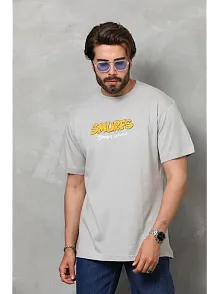 Erkek Kısa Kol Yazlık Tişört Bisiklet Yaka Baskılı Oversize T-shirt - Gri