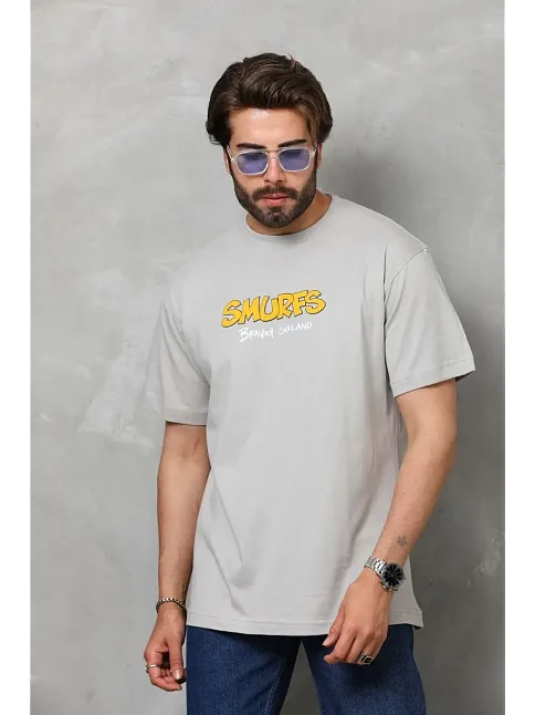Erkek Kısa Kol Yazlık Tişört Bisiklet Yaka Baskılı Oversize T-shirt - Gri